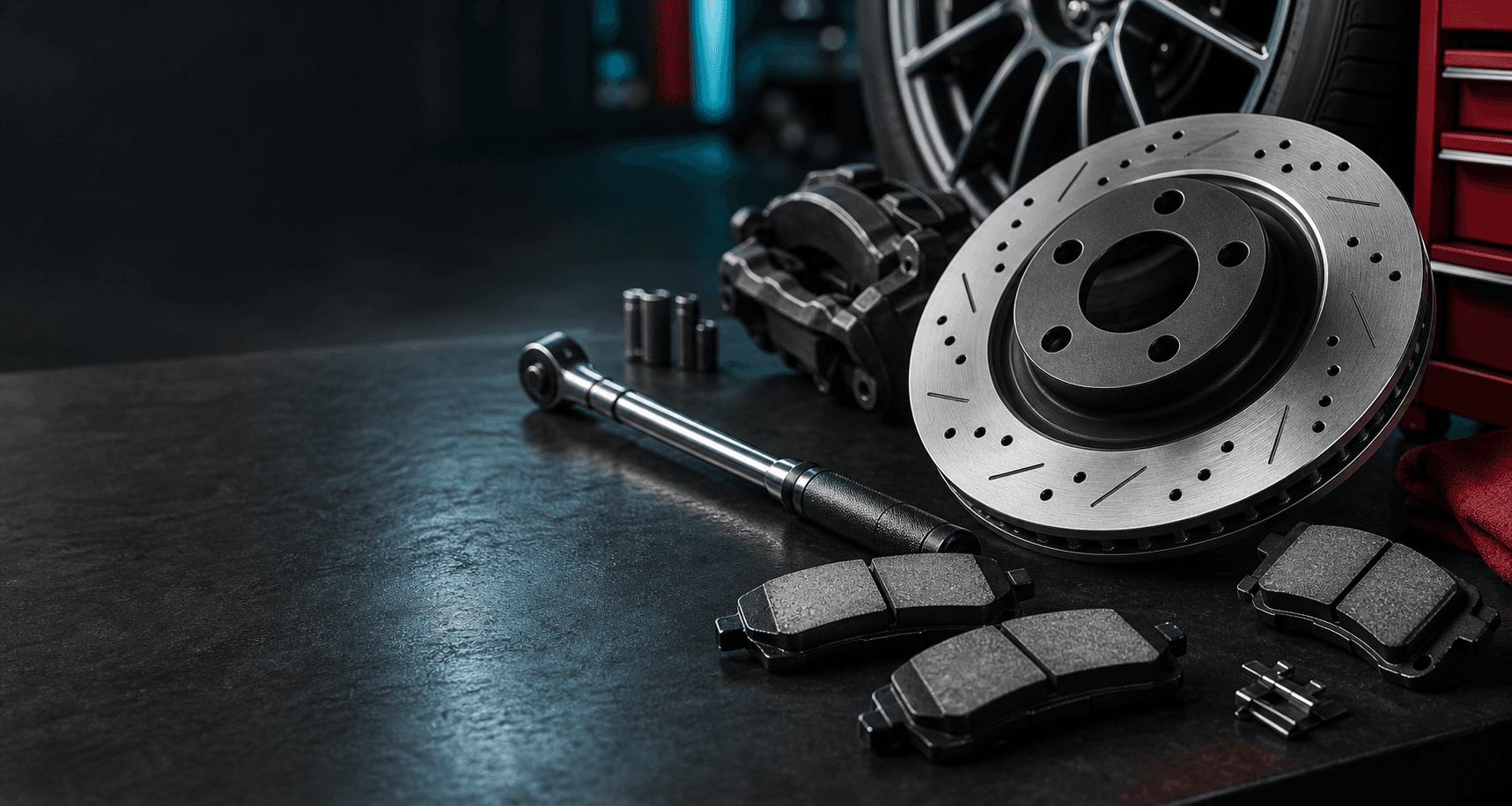 Aftermarket brake rotor, pads, and tools on a shop bench